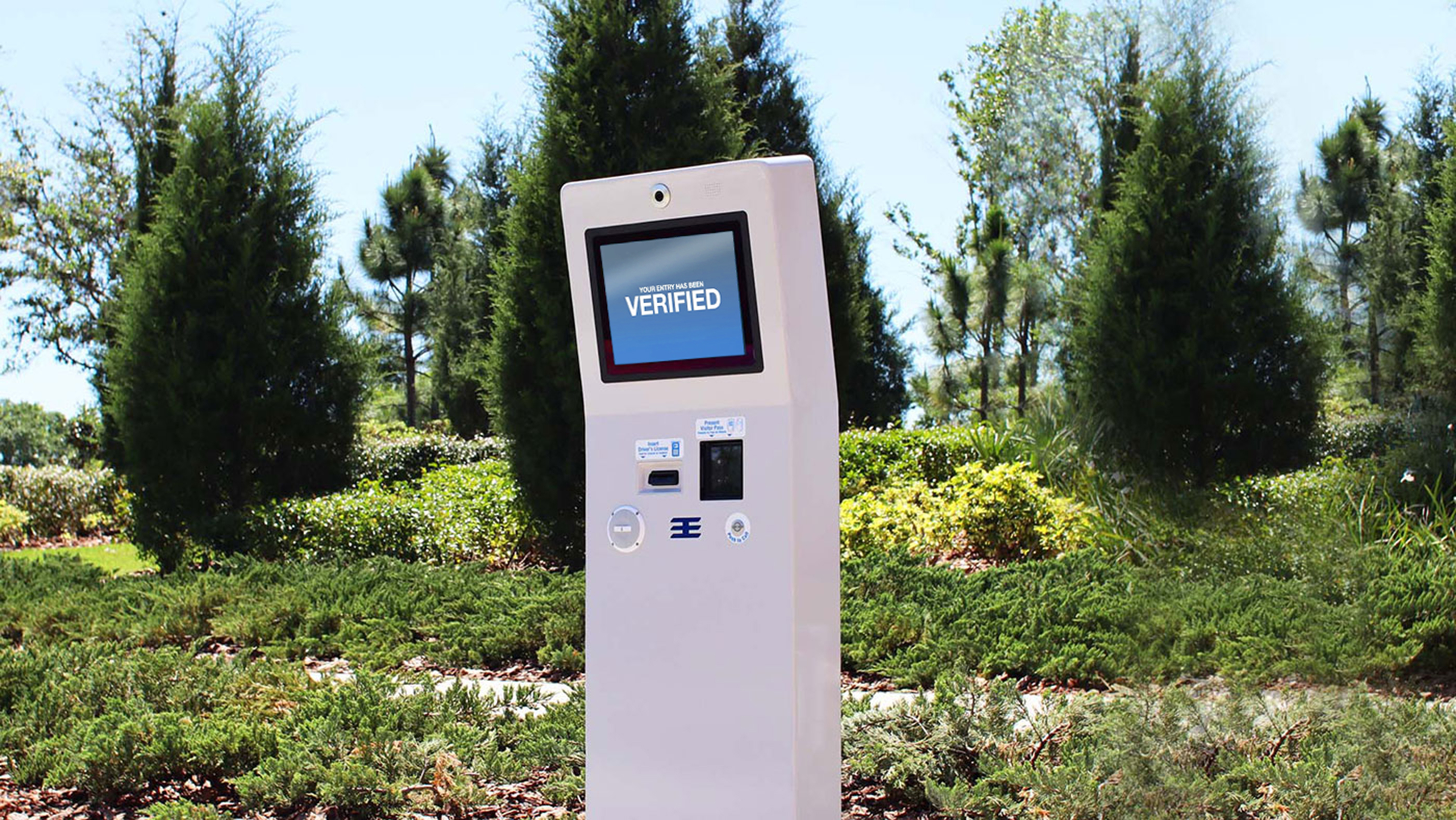 Envera Virtual Gate Guard kiosk installed beside landscaping
