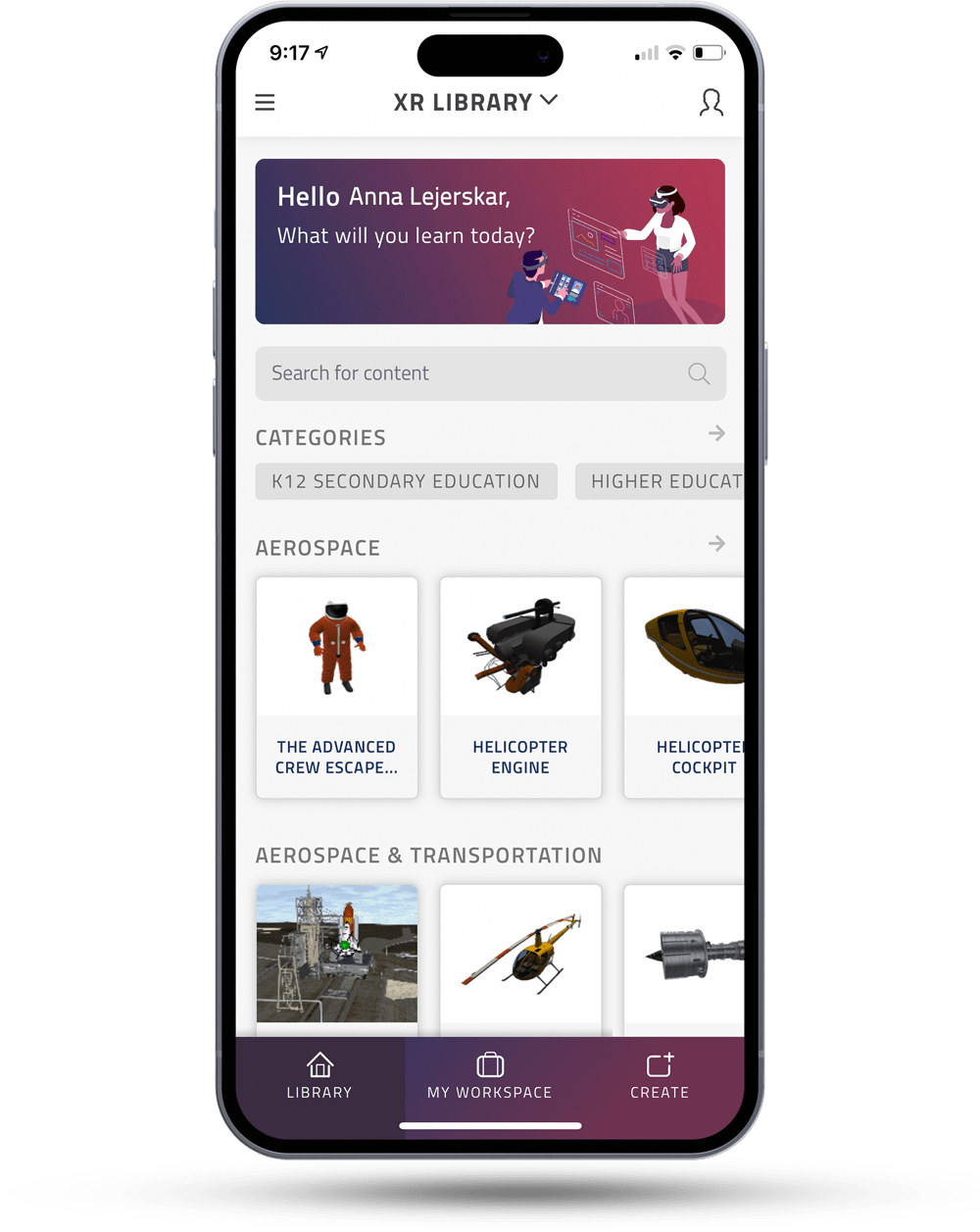 Historical EON-XR mobile app showing its library of aerospace learning objects
