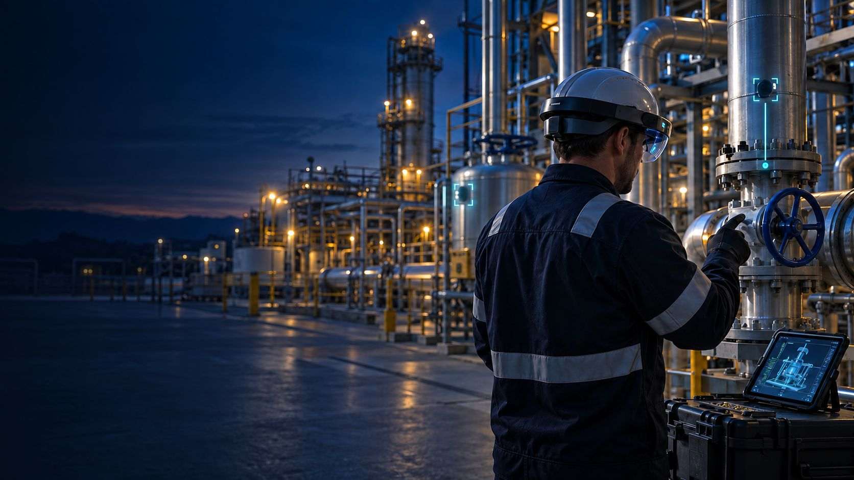 EON promotional illustration of a worker beside industrial pipework with digital guidance overlays