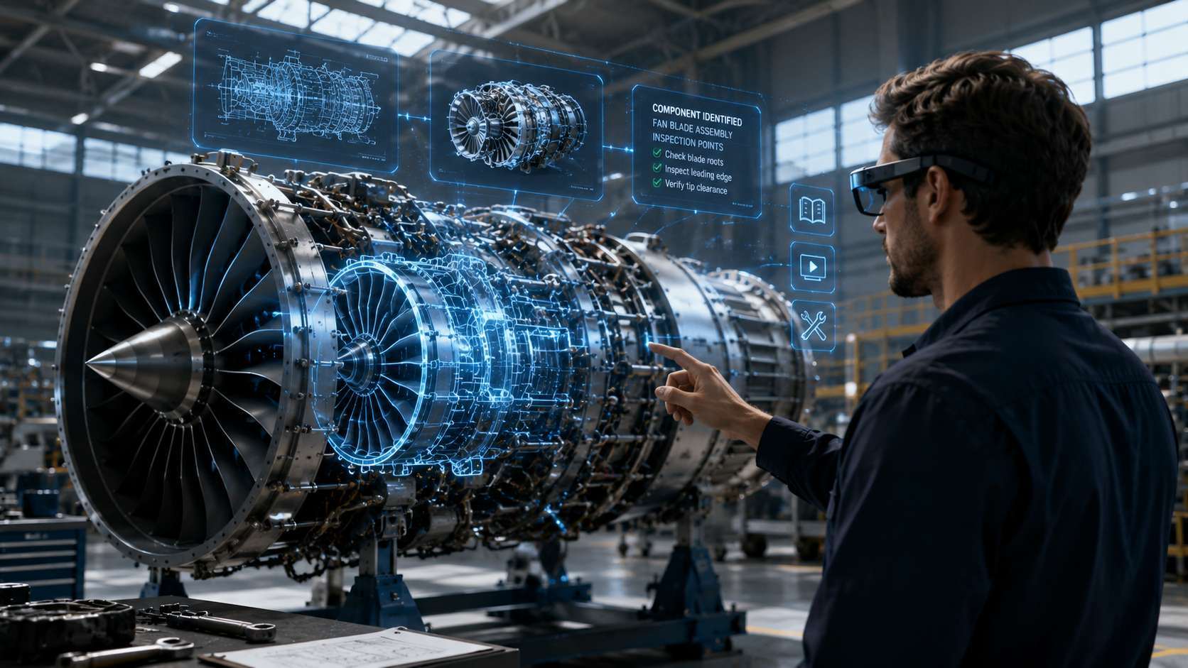 EON promotional illustration of a technician viewing digital overlays on a turbine