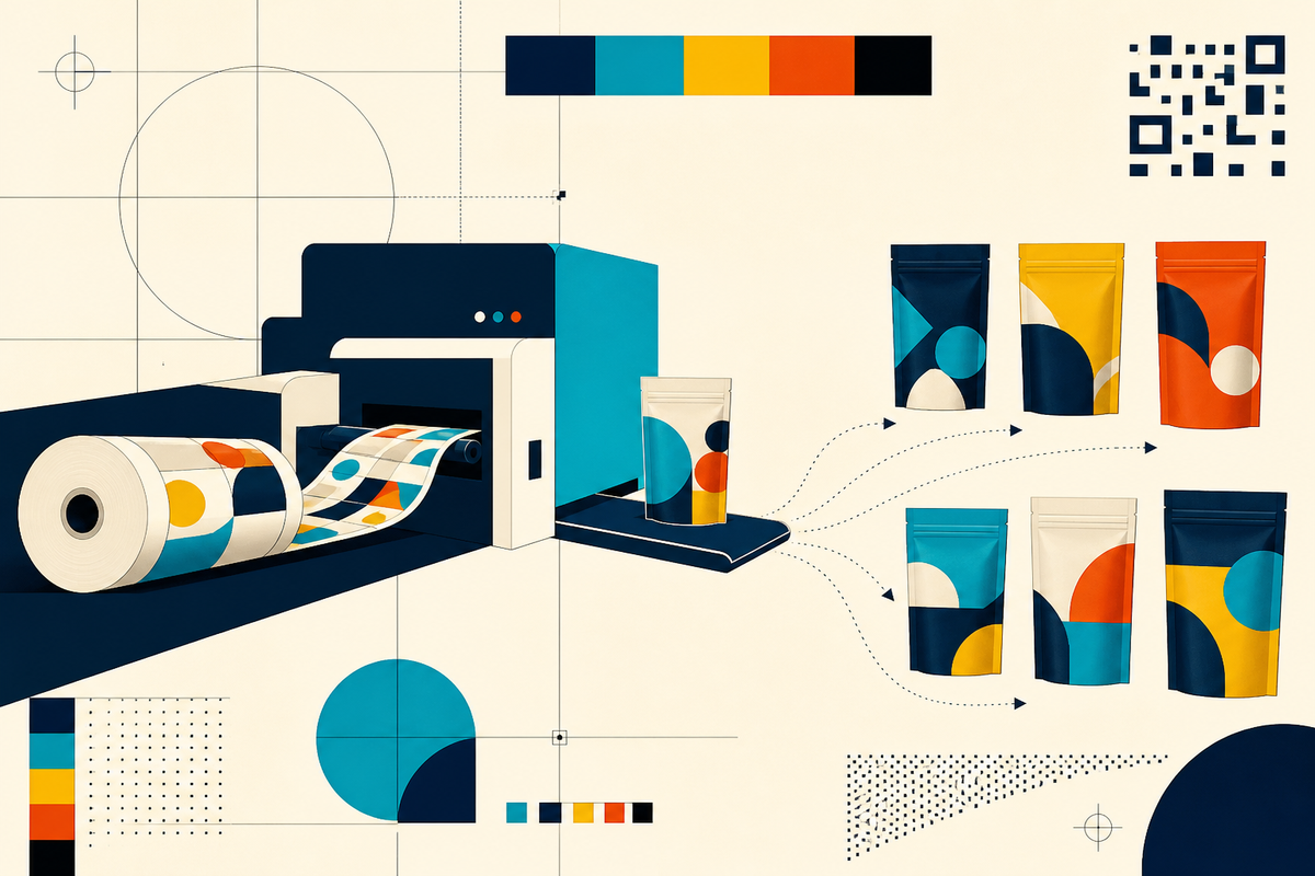 Abstract Swiss-style illustration of a digital press sending printed film into multiple colorful pouches