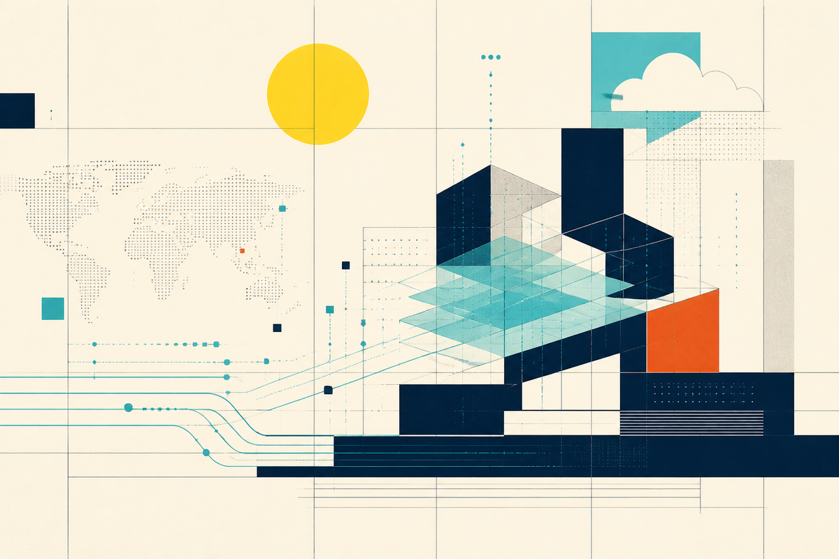 Abstract Swiss-style illustration of modular platforms, cloud systems and global data pathways