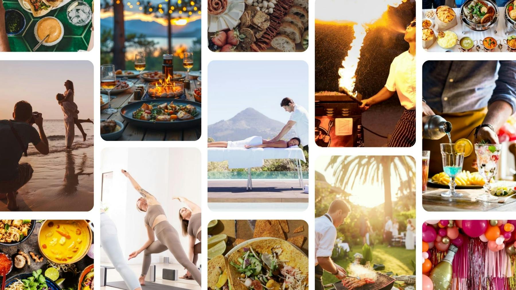 A collage of Epicurate in-home experiences including private dining, massage, photography, fitness and celebration services