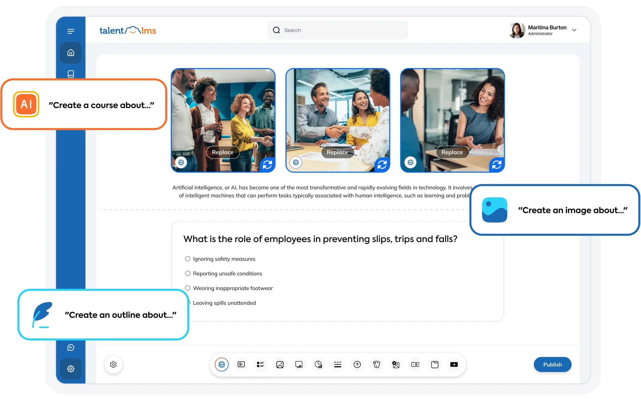 Official TalentLMS promotional image showing AI-assisted course authoring