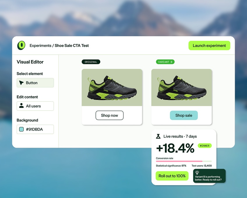 Optimizely’s product illustration comparing two shoe-sale buttons in its experimentation editor