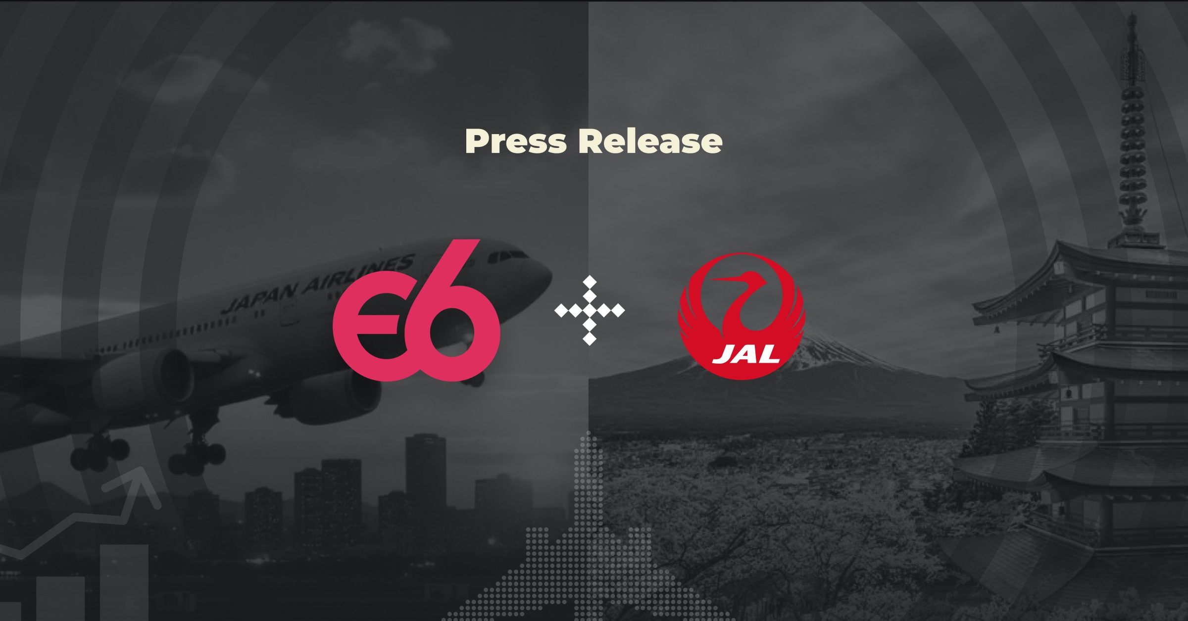 Episode Six and Japan Airlines announcement artwork showing their logos with an aircraft and Japanese landmarks