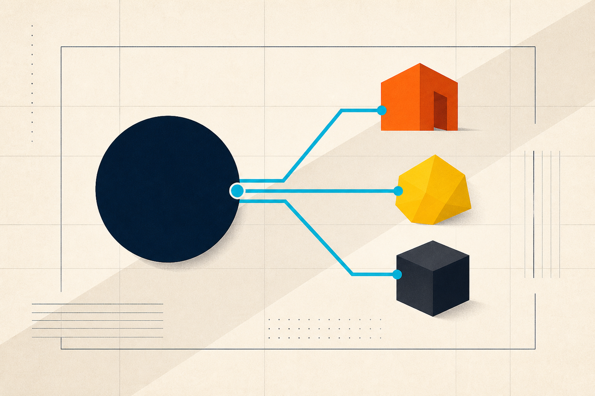 Abstract geometric routes connecting a retirement account to real estate, precious metals and private assets