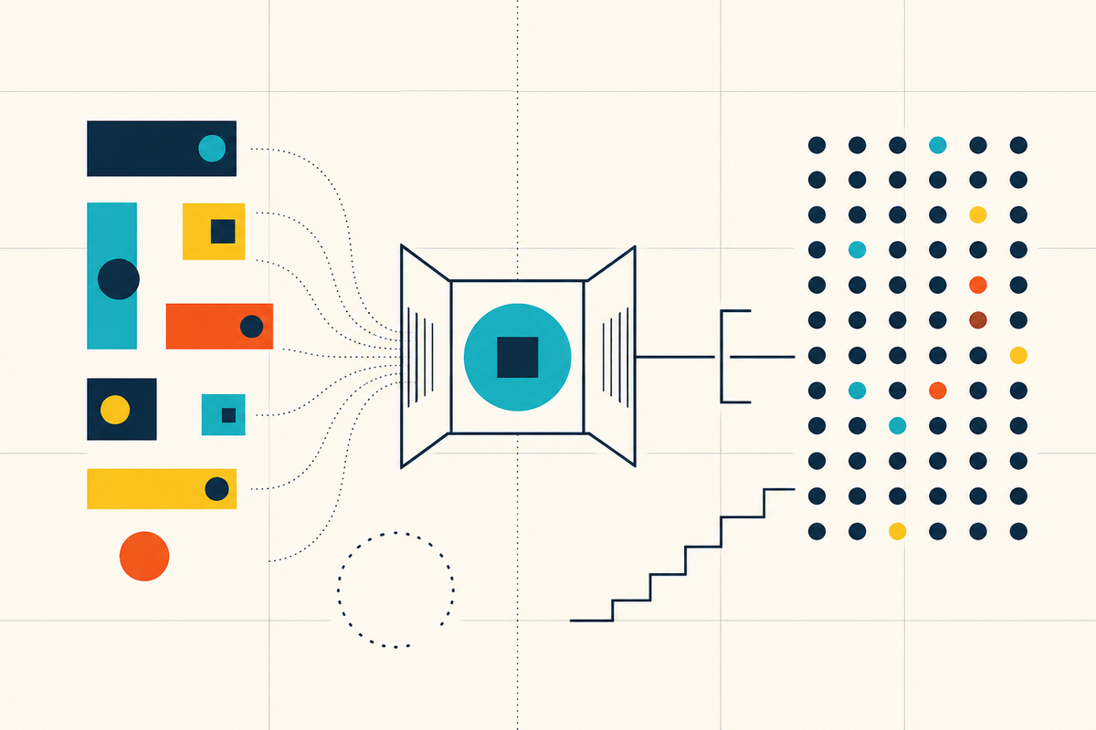 Abstract geometric illustration showing fragmented private shares moving through a central exchange toward a field of investors