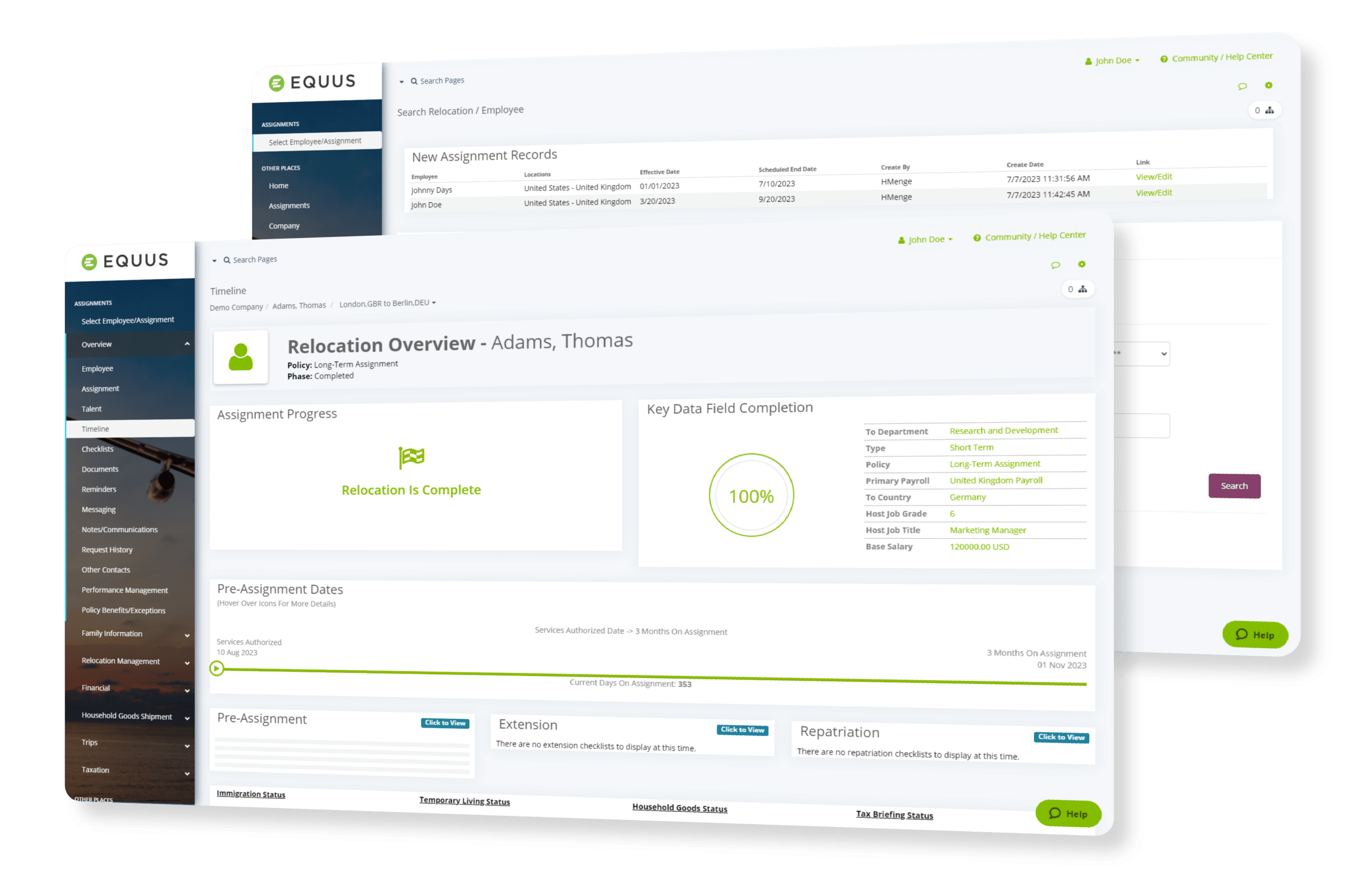 Equus illustrative assignment dashboard showing a relocation overview, data completion and assignment timeline