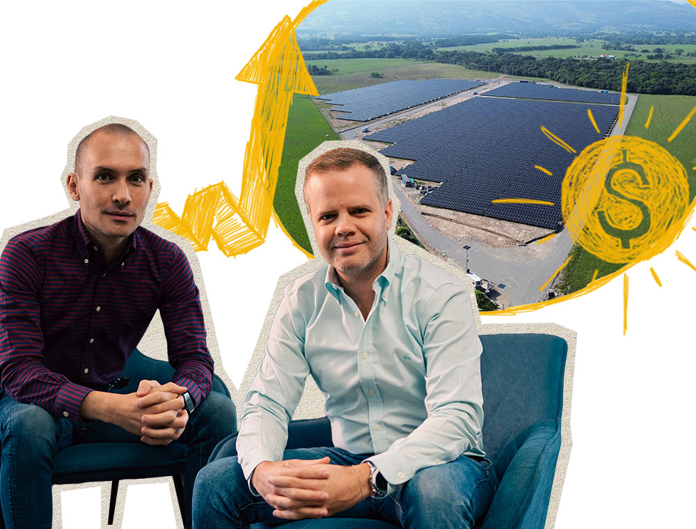 Revista Comfama editorial collage of Erco founders López and Hincapié with a solar plant