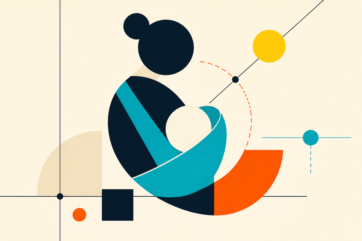 Abstract Swiss-style illustration of a caregiver and baby held together by curved geometric forms