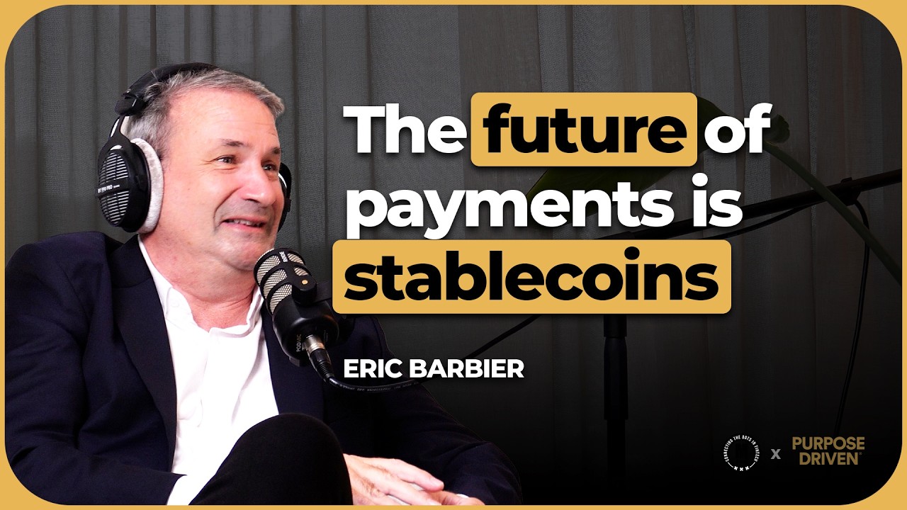 Eric Barbier wearing headphones and speaking into a microphone in a Purpose Driven interview