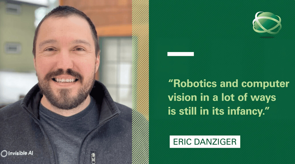 Eric Danziger speaking in an Invisible AI jacket beside a quote about robotics and computer vision
