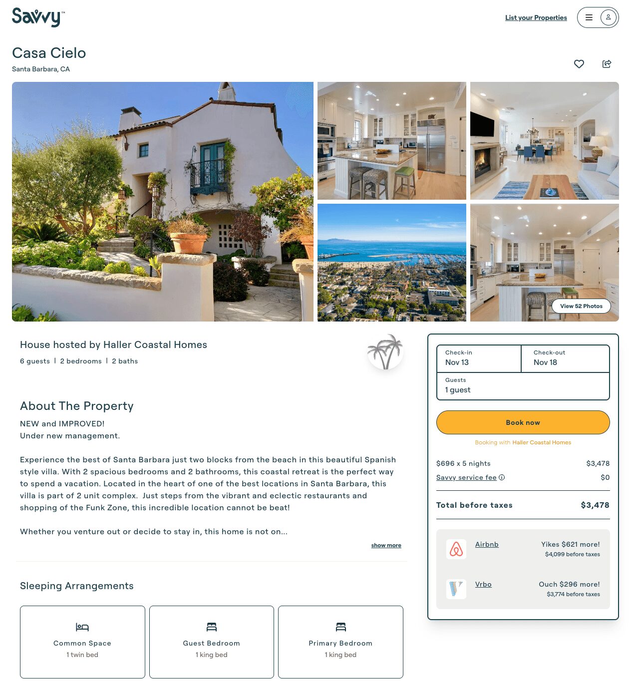 An archived Savvy listing for Casa Cielo in Santa Barbara, with property photographs and a side-by-side booking price comparison