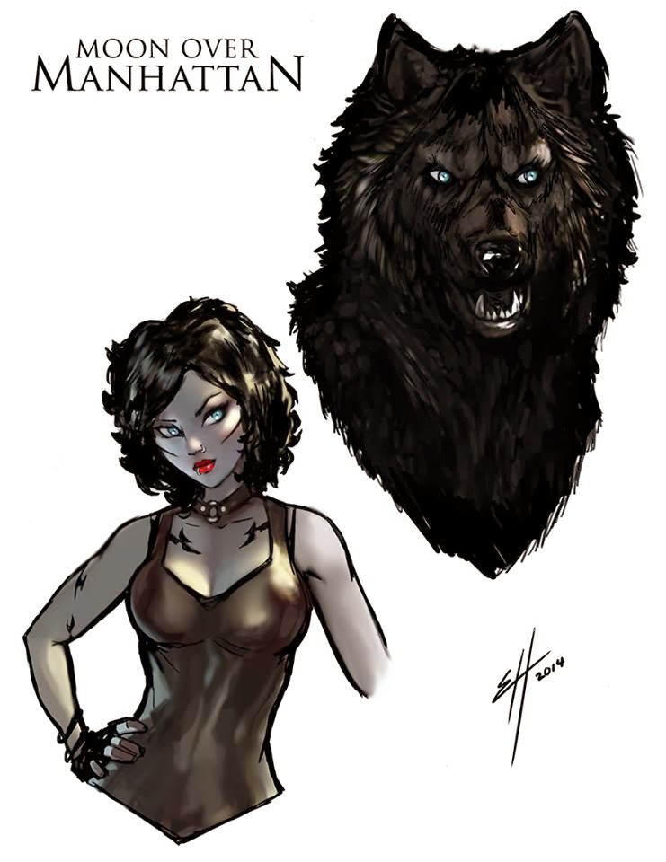 Eric Hutchison’s drawing of Denika in human form beside a dark wolf