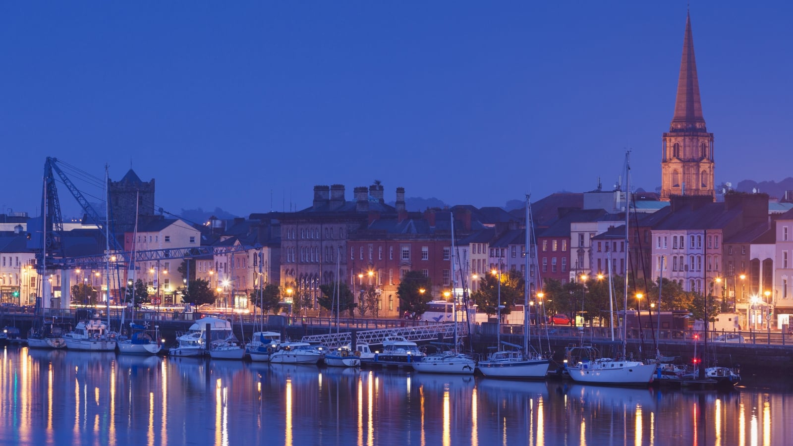 Waterford’s waterfront and moored boats at dusk