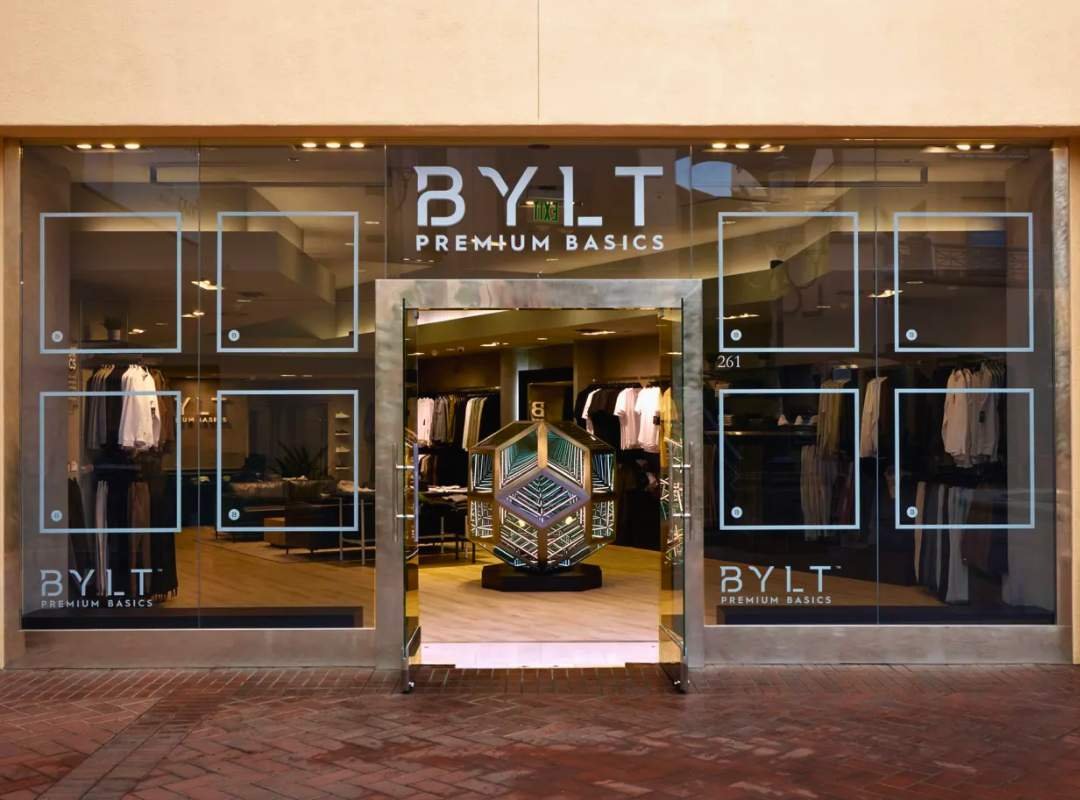 Glass-fronted BYLT Premium Basics shop with clothing displayed inside