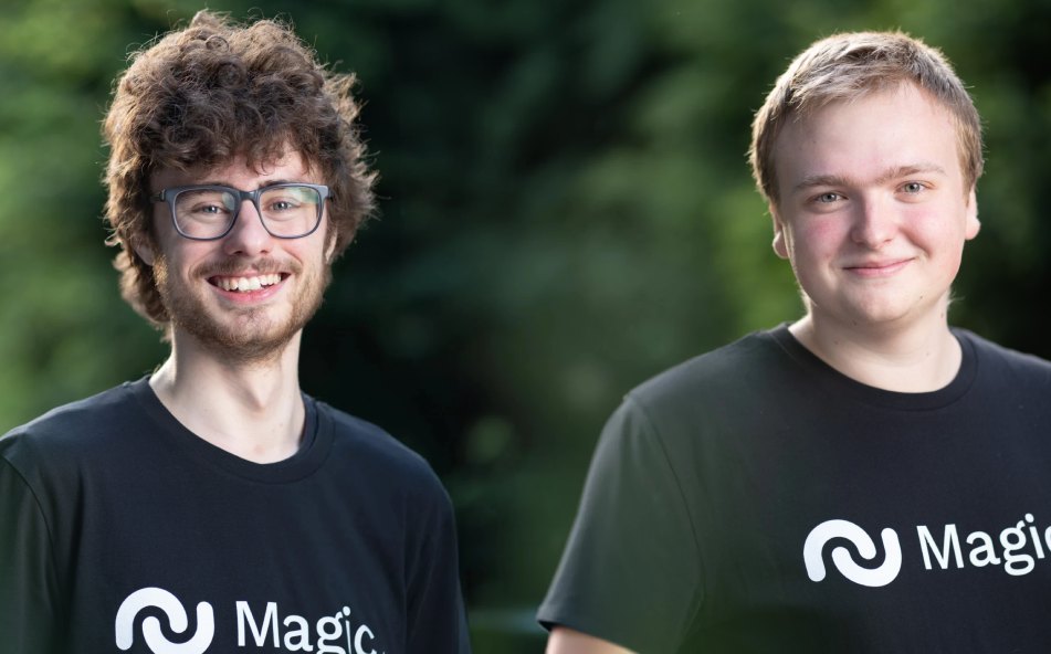 Eric Steinberger and Sebastian De Ro, co-founders of Magic, standing outdoors in Magic shirts