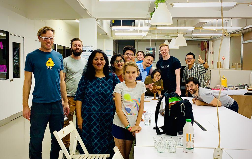 Eric Wilhelm, at far left in an Instructables shirt, with participants at MakerBay in Hong Kong
