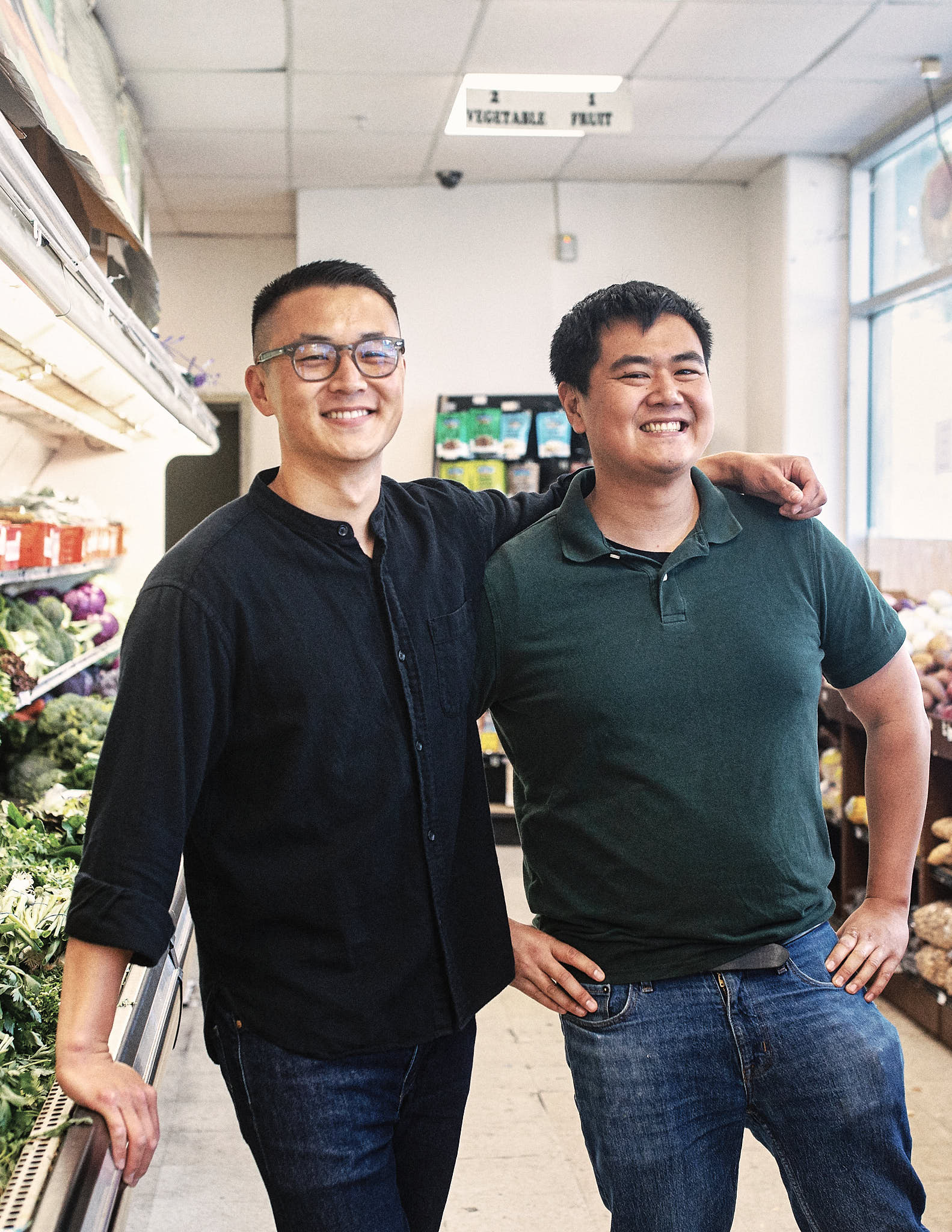 Eric Wu, left, and Sobo Foods co-founder Adam Yee standing together in a grocery store