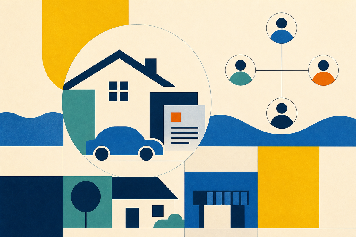 Abstract Swiss-style illustration of a home, car, policy document and connected local agents