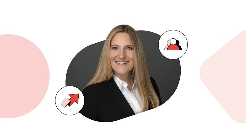 Erin Condon in a black blazer and white shirt, framed by illustrated symbols for people and growth