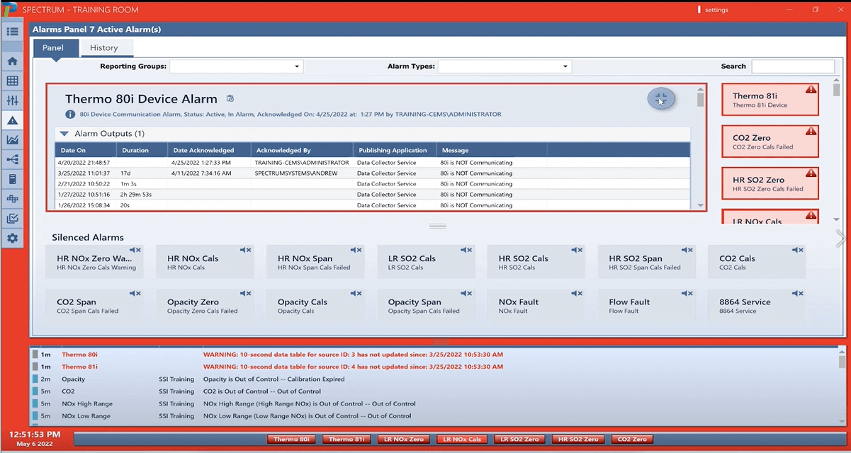 Prism software alarms panel with alarm messages and status information
