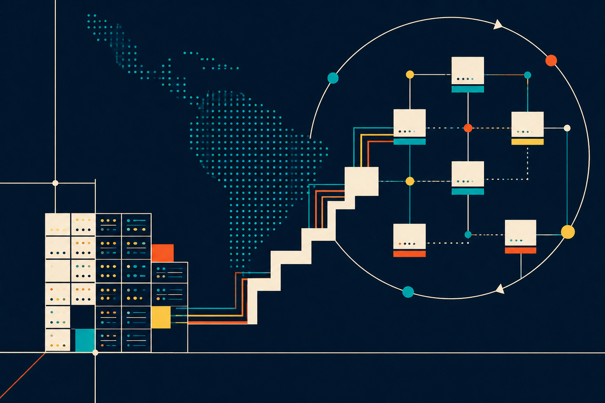 Abstract Swiss-style illustration of legacy servers moving through Latin America into a monitored distributed cloud network