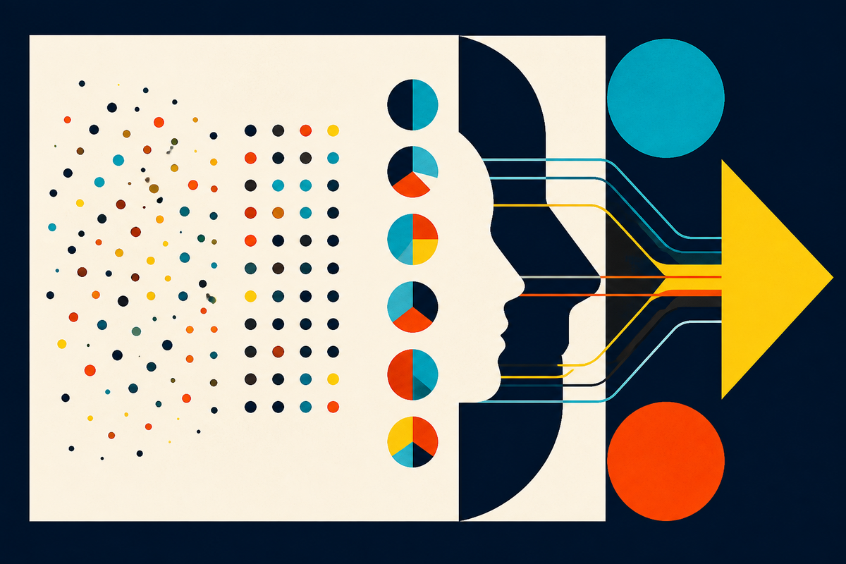 Abstract geometric illustration of scattered data resolving through a human profile into a clear direction