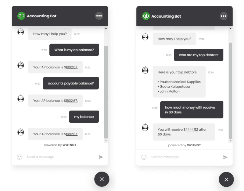 WotNot accounting chatbot demonstration answering accounts payable and debtor questions