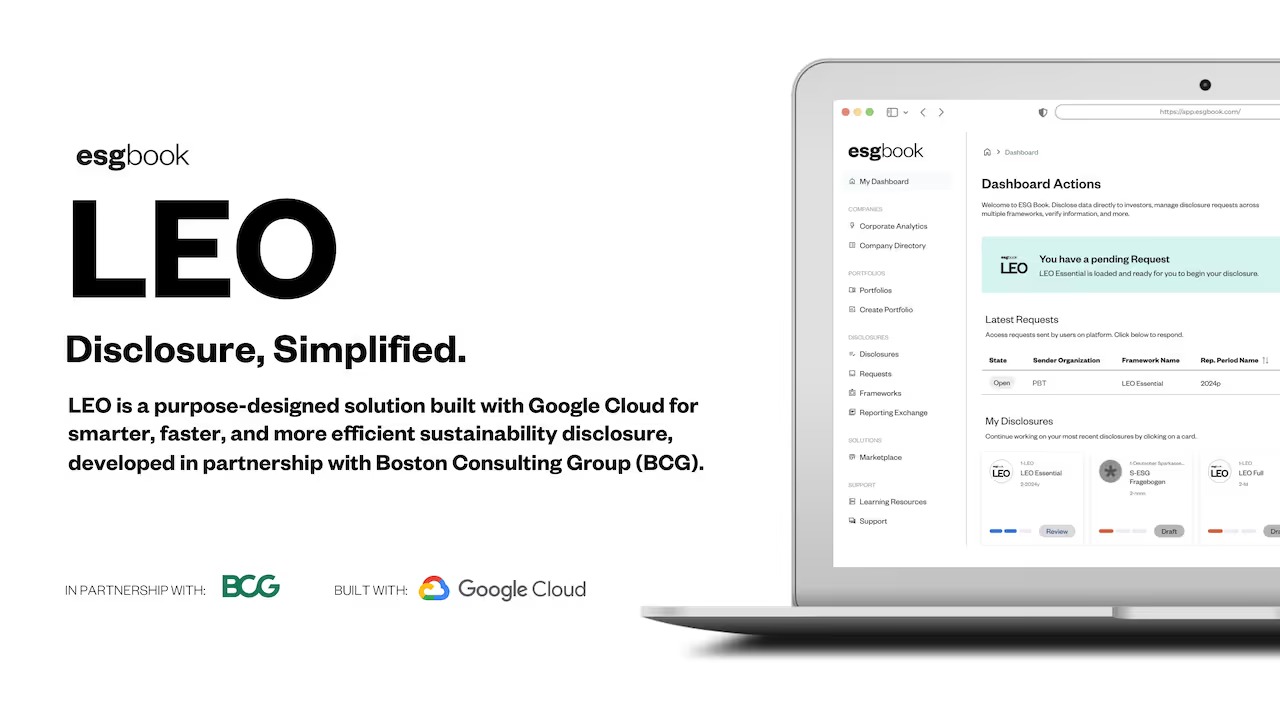 ESG Book LEO product screen on a laptop, with BCG and Google Cloud partner marks