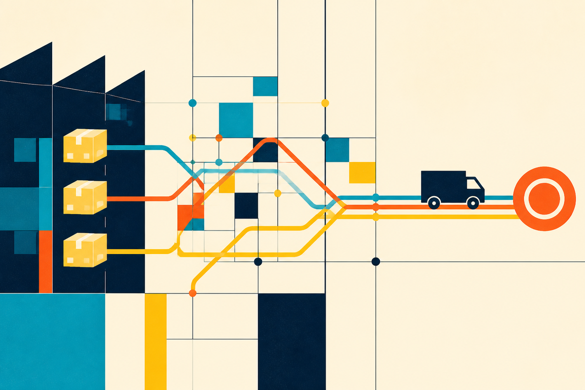 Abstract Swiss-style illustration of parcels moving through intersecting routes from a warehouse to a destination