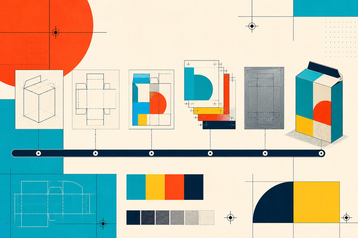 Abstract Swiss-style illustration showing a package moving from dieline through color and prepress to a finished carton