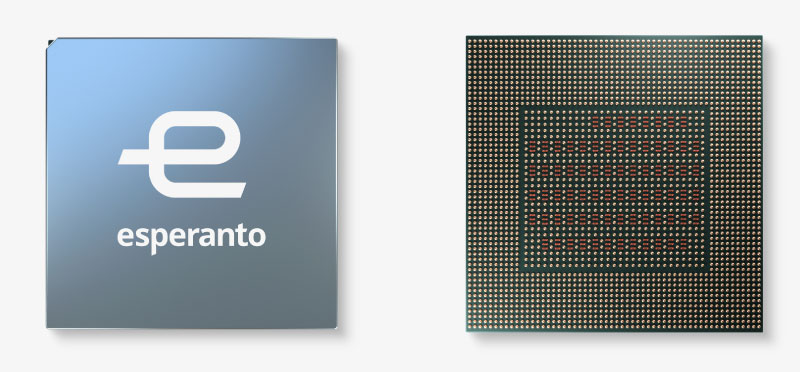 Front and underside of the Esperanto ET-SoC-1 chip