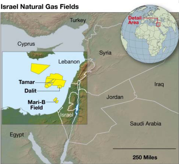 Map locating the Tamar, Dalit and Mari-B natural gas fields off Israel