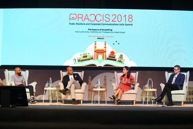 Esty Pujadas, third from left, on a storytelling panel with Arun Sudhaman, Rupen Desai and Matt Stafford at PRAXIS7