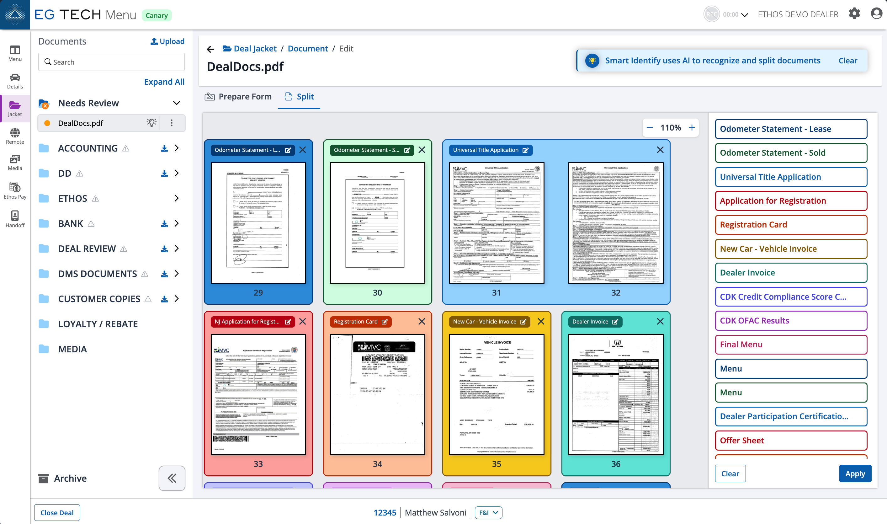 Ethos Smart Digital Deal Jacket interface with document and deal organization tools