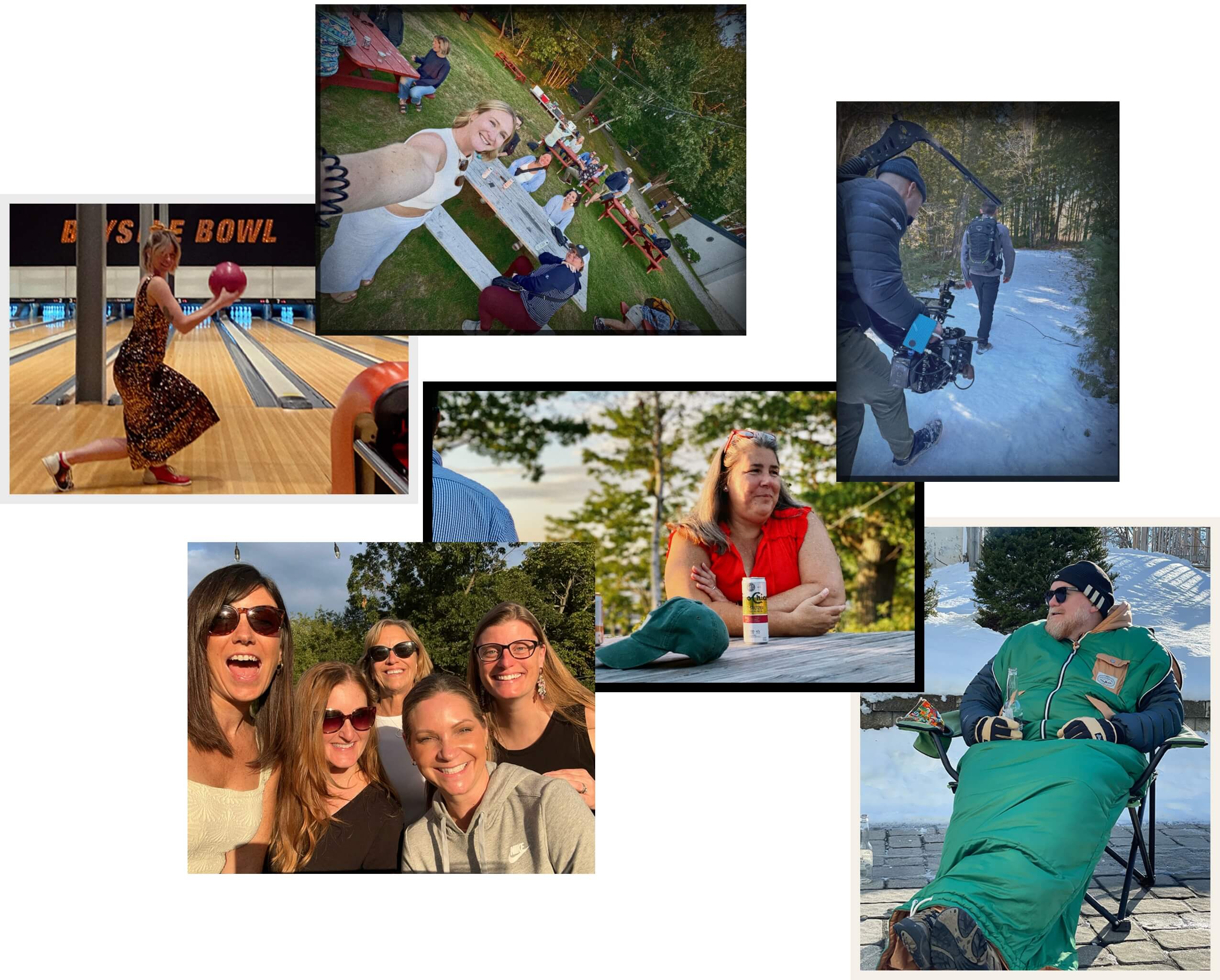 A collage of Ethos Vont employees bowling, gathering outdoors and filming in the snow