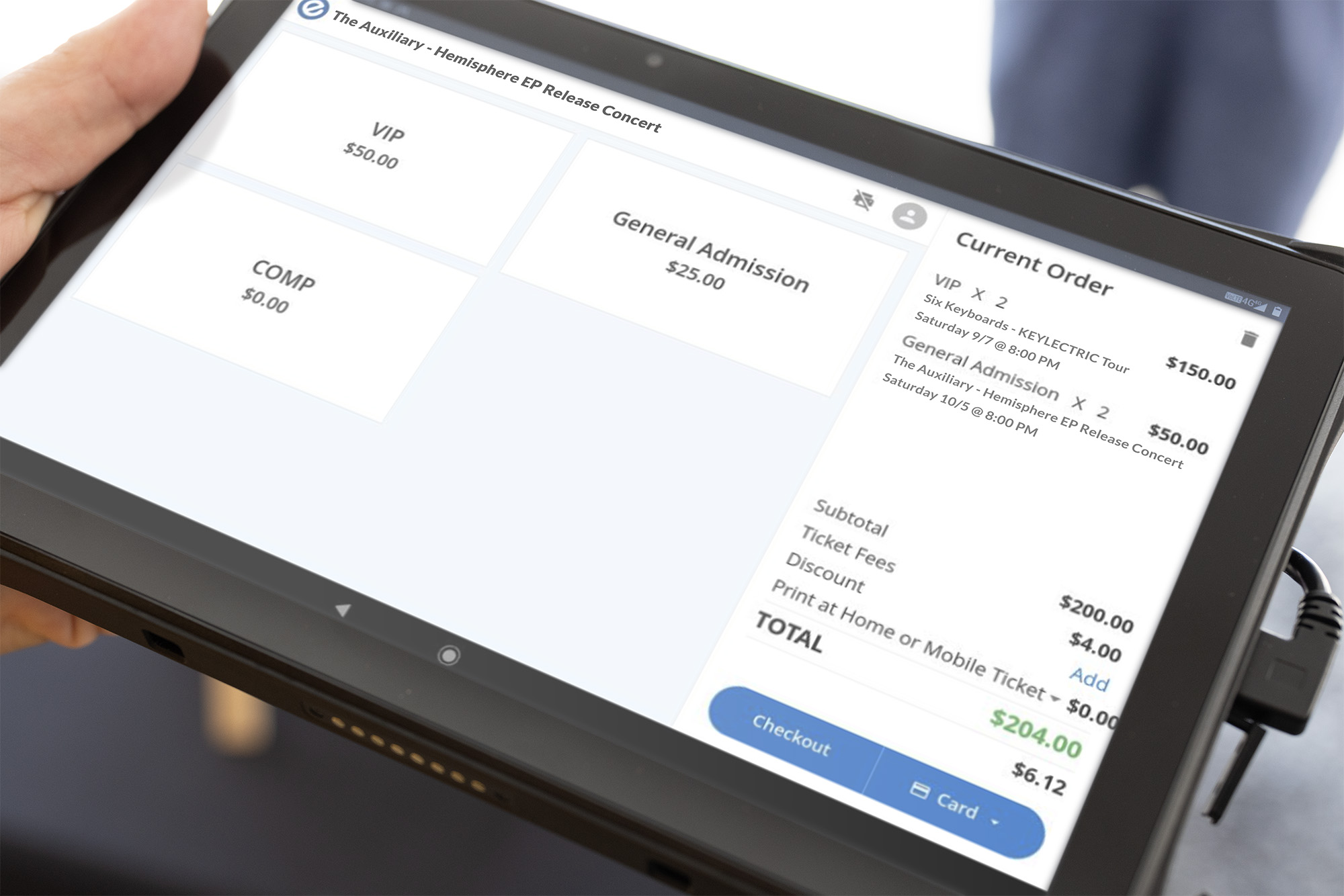 Etix Sell ticket-sales interface displayed on a T-Ranger tablet