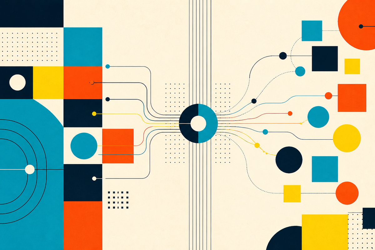 Abstract geometric routes converging in a central advertising exchange