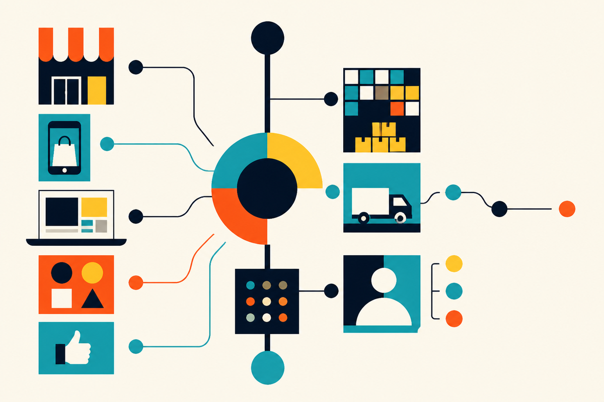 Abstract geometric illustration of retail channels joining one central operating system
