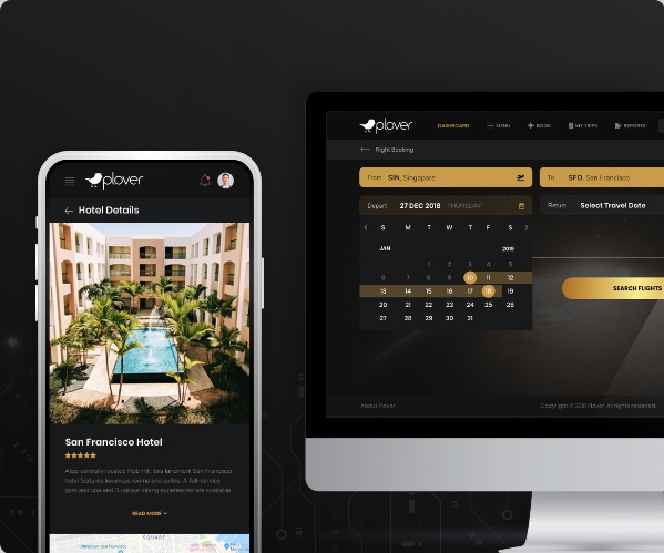 Plover promotional image showing travel booking interfaces on a phone and desktop