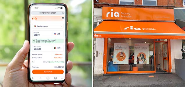 The Ria money transfer app beside a Ria retail location