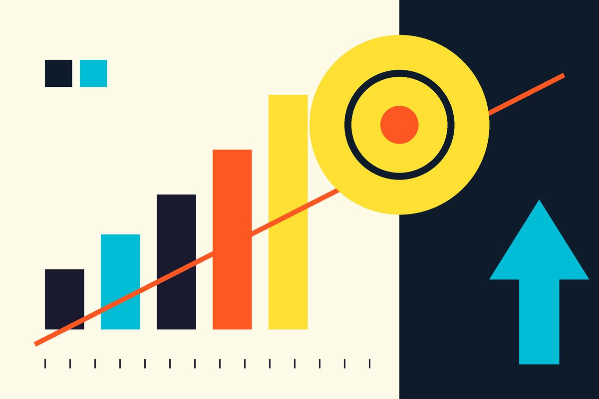 Swiss-style graphic of rising bars, an accelerating diagonal, and a target ring
