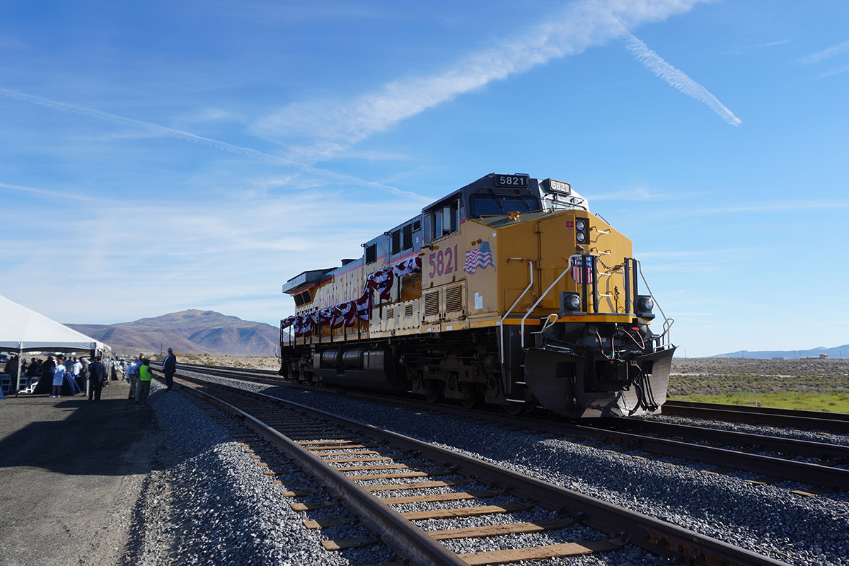 A Union Pacific locomotive on the completed rail connection at Victory Logistics District