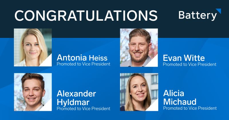 Battery Ventures promotion announcement with Antonia Heiss, Evan Witte, Alexander Hyldmar and Alicia Halatsis Michaud