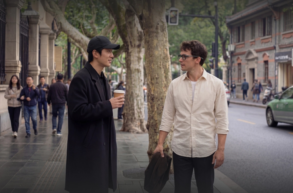 Two people talking on a tree-lined city street, one wearing Even G2 glasses, blending into the everyday scene