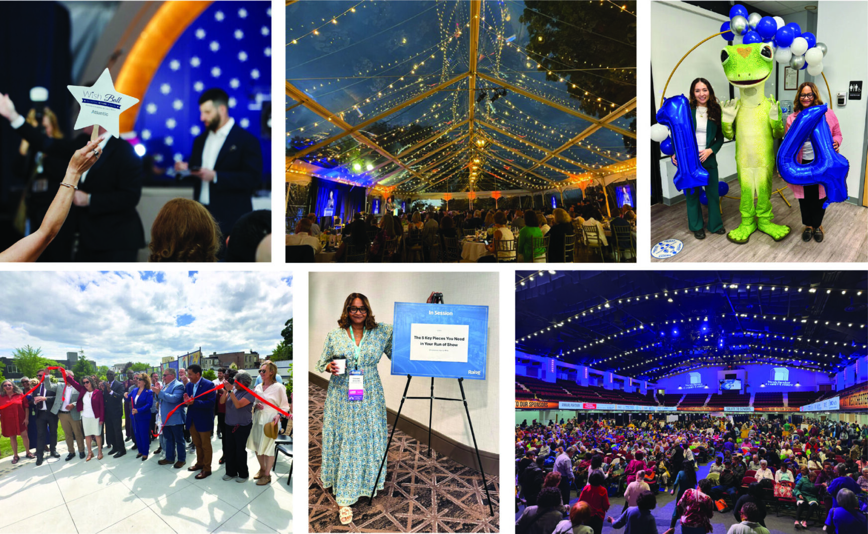A collage of Events To Remember projects including a gala, community ribbon cutting, conference talk and packed public event