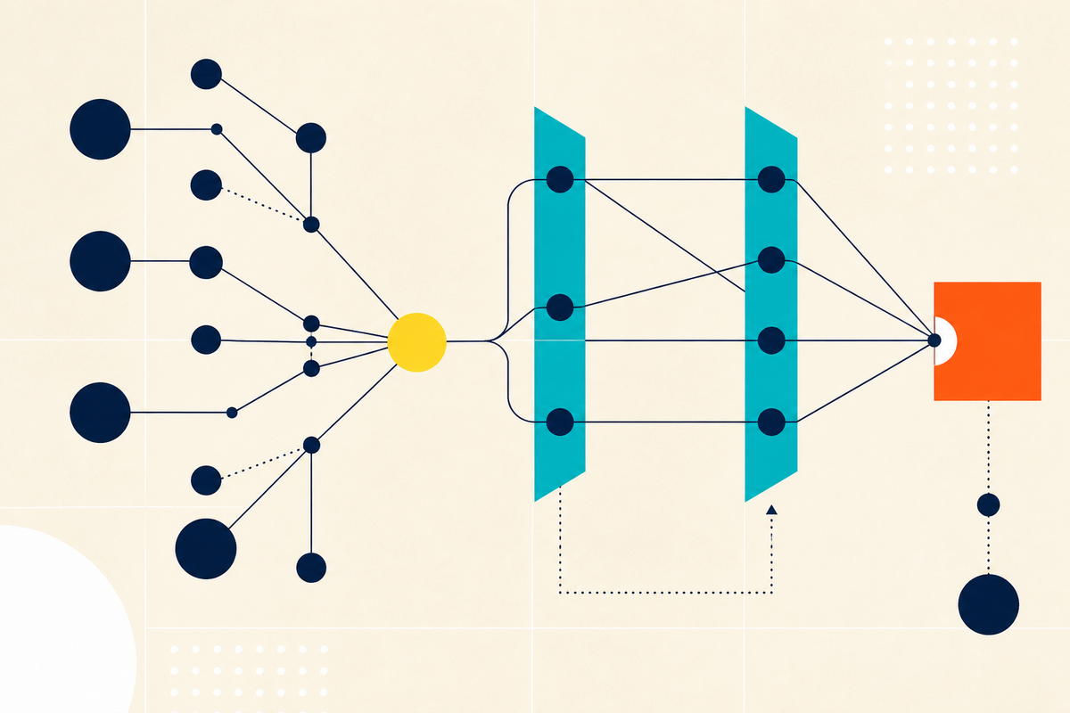 Abstract Swiss-style diagram of partner signals passing through attribution gates toward a conversion