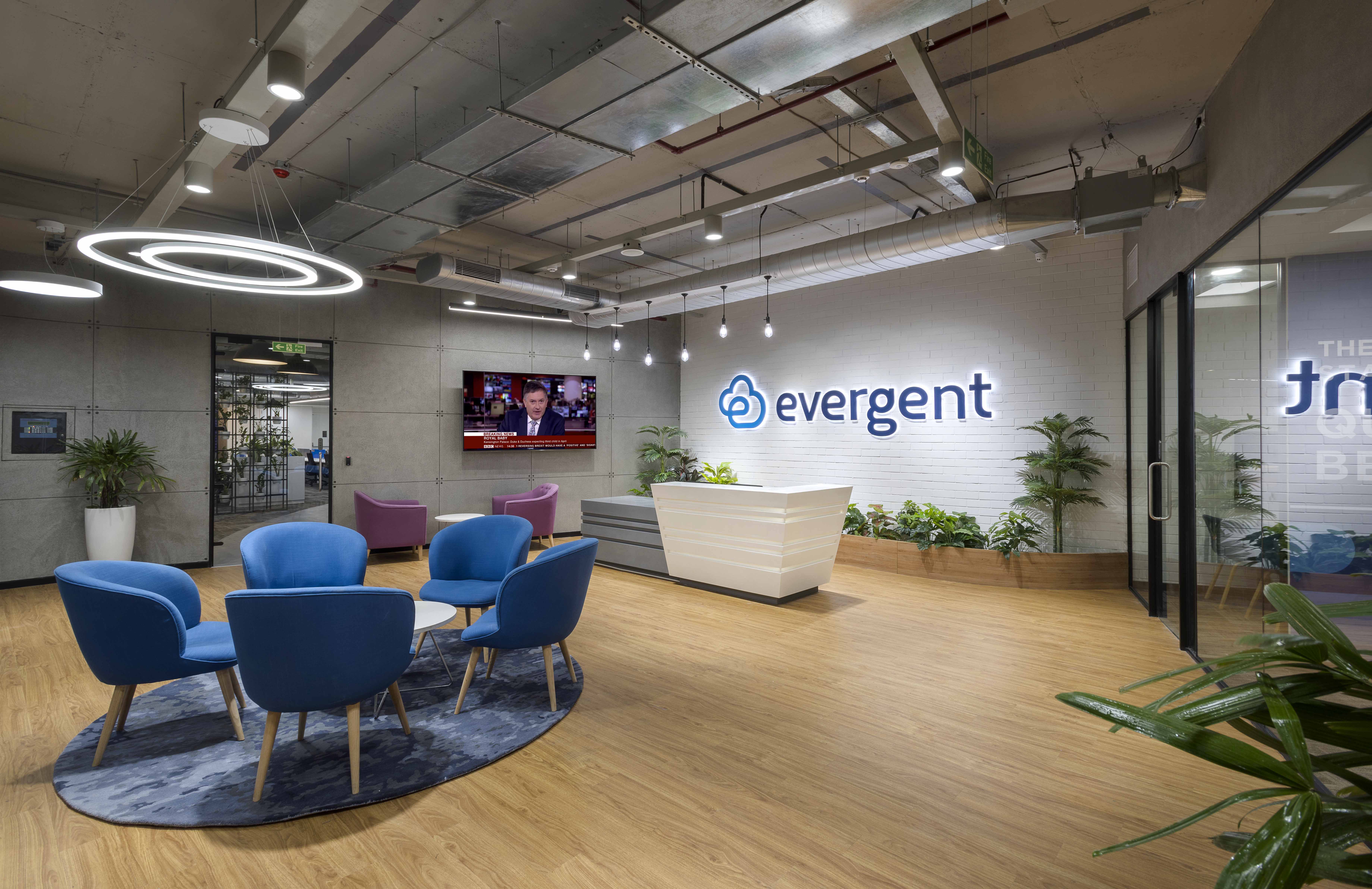 Evergent's office reception and collaboration area in Hyderabad